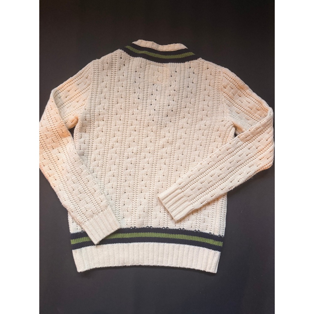 LOGG H&M Mens Wool Blend V-Neck Varsity Stripe Cable Knit Sweater Cream M Preppy - Picture 3 of 12